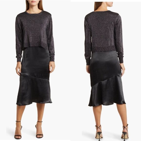 Sam Edelman Satin Slipdress Metallic Sparkle Boat Neck Sweater, Black, 12, NWT - Picture 1 of 7